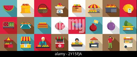 Street food fruit market icons set. Vibrant flat design icons representing various aspects of a bustling farmers market, including stalls, vendors, and a variety of fresh fruits and vegetables Stock Vector