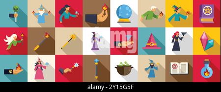 Cast spell icons set. Wizards and witches performing magic tricks and spells icons set in flat style for any design Stock Vector