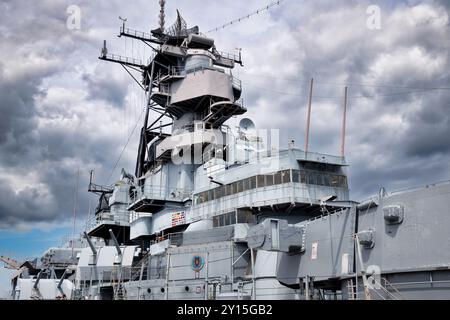 The bridge of the USS Wisconsin (BB-64) in downtown Norfolk, Virginia. Stock Photo