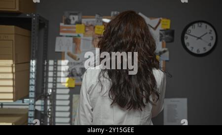 Back view of a brunette woman in a detective's office analyzing a wall covered with evidence and photos. Stock Photo