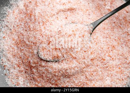 Crushed Himalayan pink mineral salt in a metal spoon. Fresh raw exotic culinary ingredient. Top view. Stock Photo