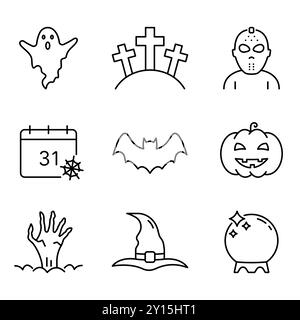 Halloween Set Line Icon. Pumpkin, Ghost, Bat, Calendar, Hat, Magic Ball and Zombie Hand Outline Icon. Spooky Horror Linear Pictogram. Halloween Stock Vector