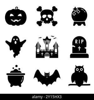 Halloween Spooky Silhouette Icon Set. Black Pumpkin, Bat, Vampire, Cauldron, Grave, Skull, Castle Ghost Glyph Pictogram. Cute Helloween Set Icon Stock Vector