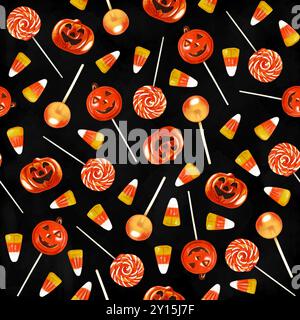 Watercolor Halloween seamless pattern illustration. Funny Halloween print with lollypops, candy corn and pumpkin on black background. Stock Photo