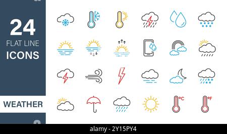 Set of Weather Line Icons. Weather Forecast graphic elements. Meteorology. Temperature, Sun, Cloud, Rain. Sunrise and Sunset pictogram. Editable Stock Vector