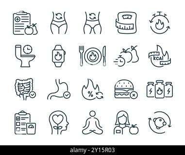 Metabolism Set Line Icon. Good Nutrition and Burn Calories Concept Linear Pictogram. Weight Control and Body Care Outline Icon. Editable Stroke Stock Vector