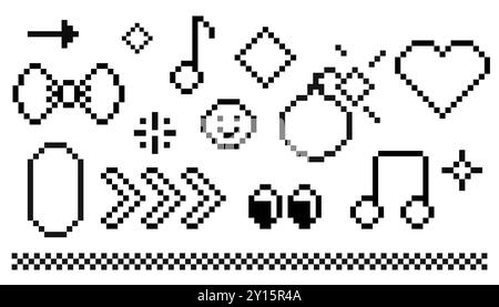 Pixxel y2k trendy elements. 8 bit groovy stickers, borders, decorations. Sandglaa, smile on face, cute paw, geometric shapes pixel art. Emoji retro. Vector illustration Stock Vector