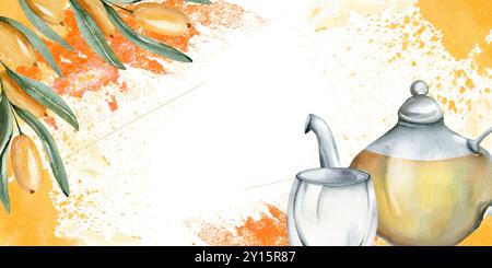 Sea buckthorn hot tea in glass kettle with cup, berries branches on watercolor splashes illustration. Hand drawn banner template, beverage packing des Stock Photo