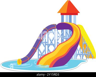 Colorful water slides of different shapes going down into a swimming pool Stock Vector