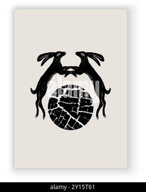 Poster design: rabbits, planet, orb. Black and white. Mysticism, esotericism, metaphorical maps. Collection of posters, postcards, prints. Stock Vector