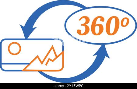 Blue arrows rotating 360 degrees around an image with mountains and sun, symbolizing a panoramic view Stock Vector