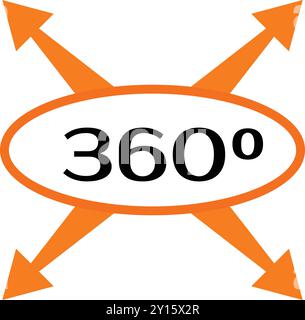 Four orange arrows pointing in all directions surrounding the number 360, representing a full circle rotation Stock Vector