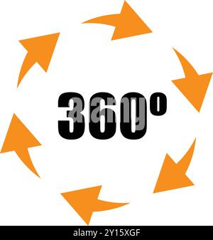 Orange arrows rotating around three hundred sixty degrees text indicating a complete circle Stock Vector