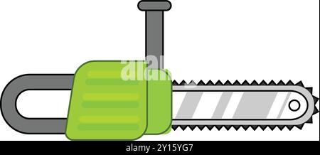 Green chainsaw lying horizontally on white background, power tool for cutting wood Stock Vector