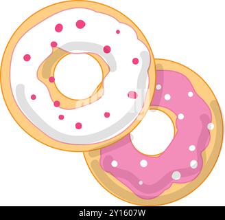 Two appetizing donuts with icing and sprinkles are lying on top of each other, a pink donut and a white donut Stock Vector