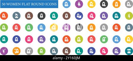 Women Flat Round Icons Set. awarded, business, educated, graduated, photographer, science, sporty, account, beauty, anchor, career, cooking, cosmetic Stock Vector