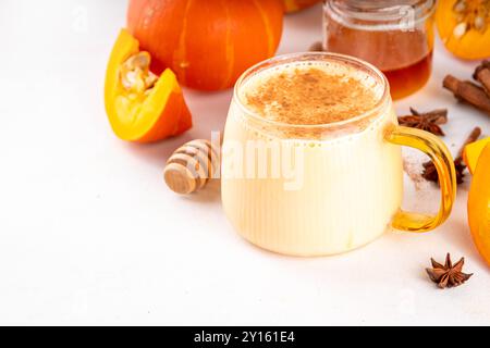 Sweet non caffeine pumpkin milk, dessert healthy drink, pumpkin latte alternative without coffee Stock Photo