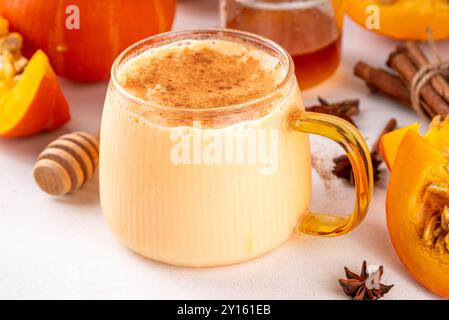 Sweet non caffeine pumpkin milk, dessert healthy drink, pumpkin latte alternative without coffee Stock Photo