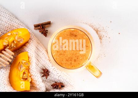 Sweet non caffeine pumpkin milk, dessert healthy drink, pumpkin latte alternative without coffee Stock Photo