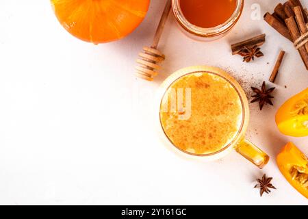 Sweet non caffeine pumpkin milk, dessert healthy drink, pumpkin latte alternative without coffee Stock Photo