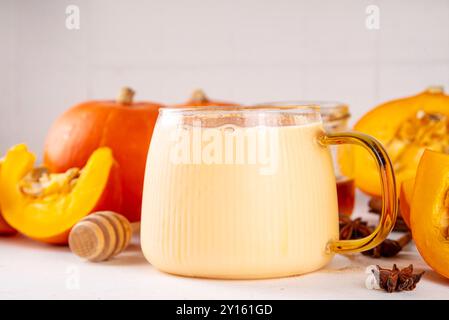 Sweet non caffeine pumpkin milk, dessert healthy drink, pumpkin latte alternative without coffee Stock Photo