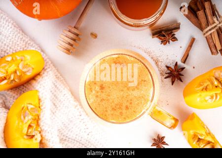 Sweet non caffeine pumpkin milk, dessert healthy drink, pumpkin latte alternative without coffee Stock Photo