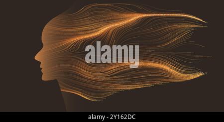 Futuristic Artificial Technology Concept with Flow of Glowing Neural Connections Forming a Golden Human Face Profile, Dynamic 3D Future Smart Tech Des Stock Vector
