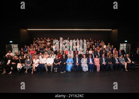 Aaron S. Watkin, Artistic Director, Queen Camilla, Patron of English National Ballet and Sir Rupert Gavin, Chair, English National Ballet, with dancers at the English National Ballet's Mulryan Centre for Dance in east London. This is the Queen's first official visit to the English National Ballet since being made its patron earlier this year. Picture date: Thursday September 5, 2024. Stock Photo