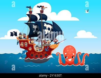 Pirate sail ship with kid sailors and giant octopus monster. Cartoon vector playful scene of corsair children on frigate board with black skull flag, friendly kraken in the ocean and jumping dolphin Stock Vector