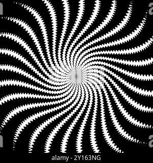 Psychedelic hypnosis swirls, hypnotic spiral pattern. Abstract black and white spiraling effect. Monochrome vector optical illusion with swirling circular shape, wavy lines or rays with dot in center Stock Vector