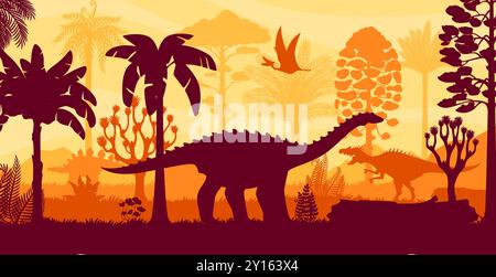 Prehistoric dinosaurs silhouettes in tropical jungle forest and vibrant yellow sky. Vector Jurassic period landscape with lush vegetation and roaming dino animals. Vivid depiction of ancient wildlife Stock Vector