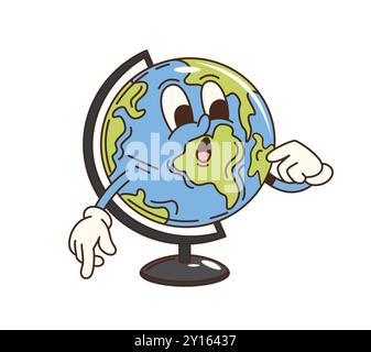Cartoon groovy school earth globe character. Isolated vector earth planet, retro geographical map, educational item personage with surprised face, showcasing a curious and fun facial expression Stock Vector