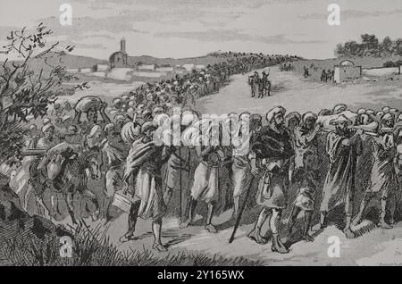 Expulsion of the Moriscos from Spain by order of King Philip III in 1609 after debate in the Council of State. It was decided to expel the Moriscos on 9 April 1609, which the king approved. The expulsion began in the kingdom of Valencia. The Moriscos were Christians of Muslim origin who were forced to convert to Christianity after the conquest of the Muslim kingdoms by the Christian peninsular kingdoms. Expulsion of the Moriscos from Valencia. Illustration by Serra Pausas. 'Glorias Españolas' (Glories of Spain). Volume IV. Published in Barcelona, 1890. Author: Joan Serra Pausas (active 1861-19 Stock Photo
