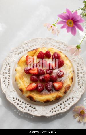 Baked ricotta cheesecake with strawberries and raspberries Stock Photo