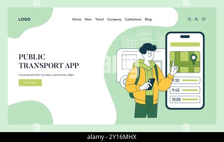 Public Transport App concept. Person using a mobile app to access bus schedules, promoting eco-friendly city travel. Vector illustration. Stock Vector