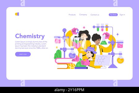Collaborative Learning concept. Students engaging in a chemistry experiment with enthusiasm. Interactive education and teamwork in a laboratory setting. Vector illustration. Stock Vector