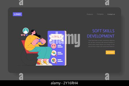 Adult education concept. Woman engaging in online learning for personal development. Interactive digital skill-building course. Vector illustration. Stock Vector