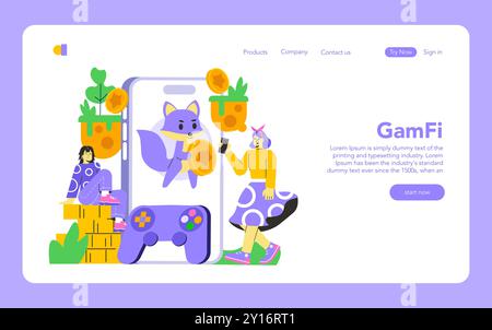 GameFi concept exploration with playful characters and cryptocurrency elements in an engaging web interface design. Vector illustration. Stock Vector