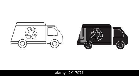trash can, recycle bin and garbage truck vector icon set. garbage removal icons with recycle signs isolated on white background Stock Vector