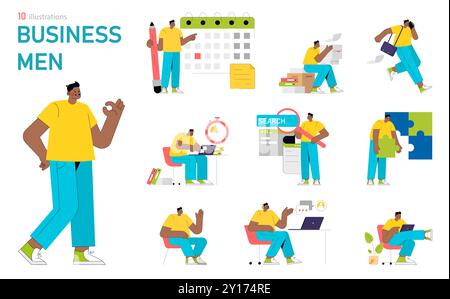 Businessman set. Diverse professional activities from planning to problem-solving. Office work, creative thinking, and time management. Vector illustration. Stock Vector