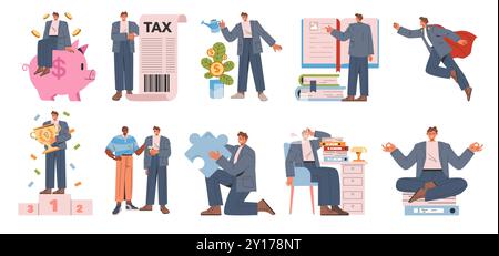 Businessman set. Diverse financial activities and achievements in corporate life. Saving money, tax review, investment growth, team success, and work-life balance. Vector illustration. Stock Vector