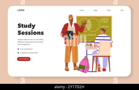Freshman Year concept. A student engages in a tutorial session with a mentor, exploring complex math problems. Interactive learning environment. Vector illustration. Stock Vector