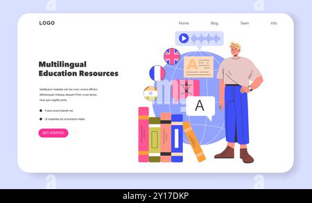 Educational Platform concept. A user-friendly website promoting Multilingual Education Resources with a diverse collection of digital tools and icons. Learning expansion across languages. Vector illustration. Stock Vector