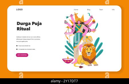 Navaratri celebration concept. Illustration of goddess Durga with a lion capturing the spirit of the Hindu festival. Worship, tradition, and culture theme. Vector illustration. Stock Vector