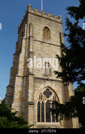 View Up The Exterior Of The Medieval 15th Century Perpendicular Tower Of Sidmouth Parish Church With Queen Victorias West Window, Sidmouth UK Stock Photo