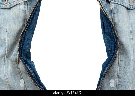 Metal lock on denim jacket on white background. Empty space. Zipper lock isolate Stock Photo