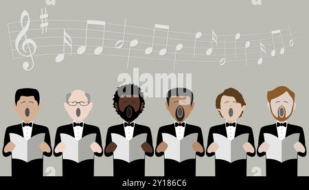 diverse group of adult males singing in a multicultural male voice choir. Includes musical notes. Stock Vector