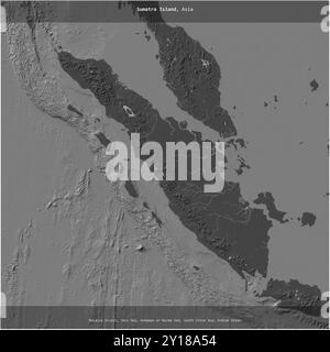 Sumatra Island in the Java Sea, belonging to Indonesia, cropped to square on a bilevel elevation map Stock Photo