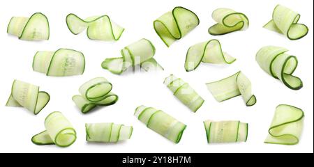 Thinly sliced cucumbers isolated on white, collage Stock Photo