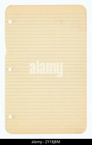 Vintage Lined Notebook Paper for 3-Ring Binder with rounded corners, stained aged cream color - Isolated, ruled school paper. Stock Photo